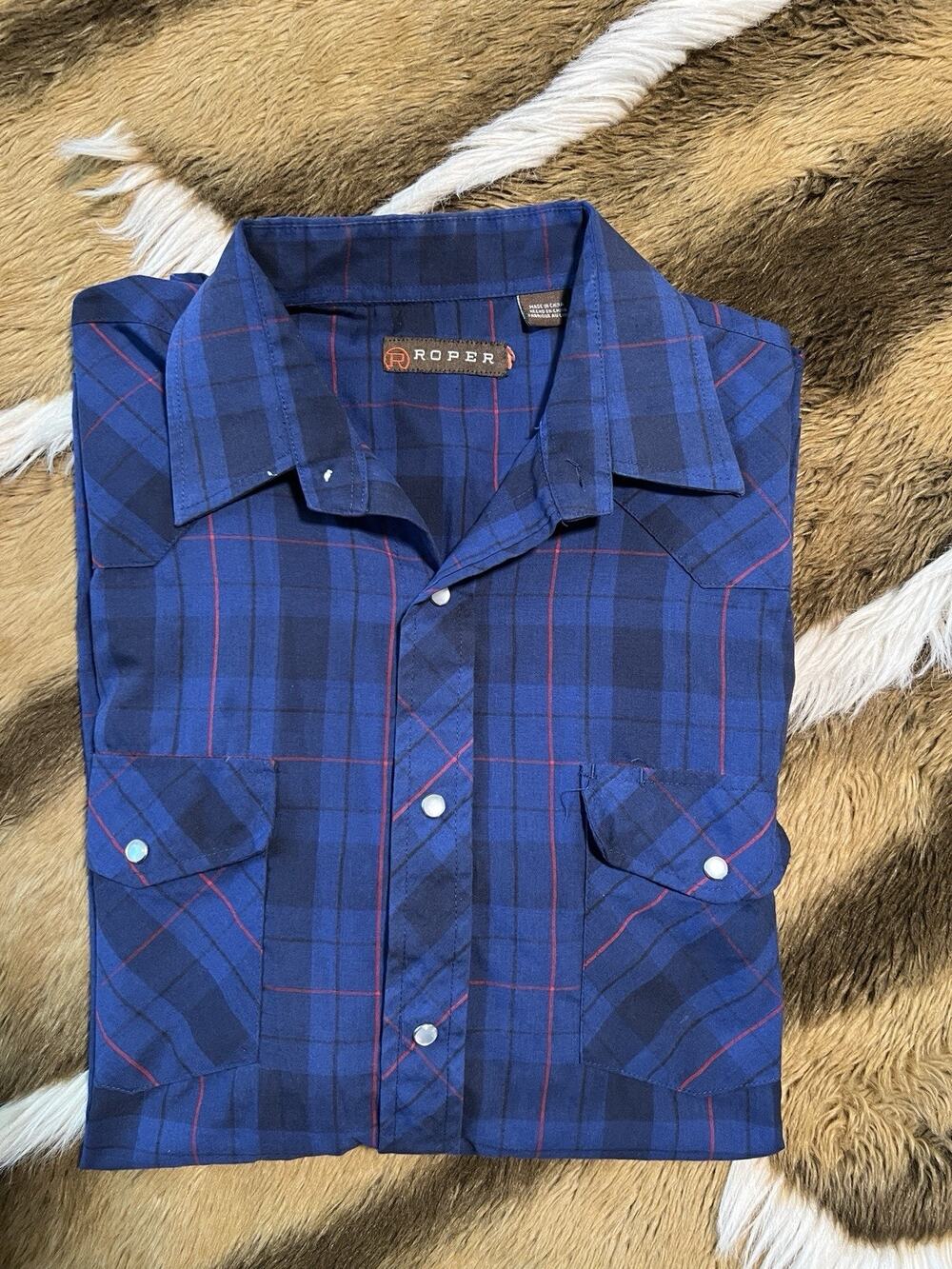 Roper Mens Navy Red Plaid Pearl Snap Western Shirt Long Sleeve Cowboy